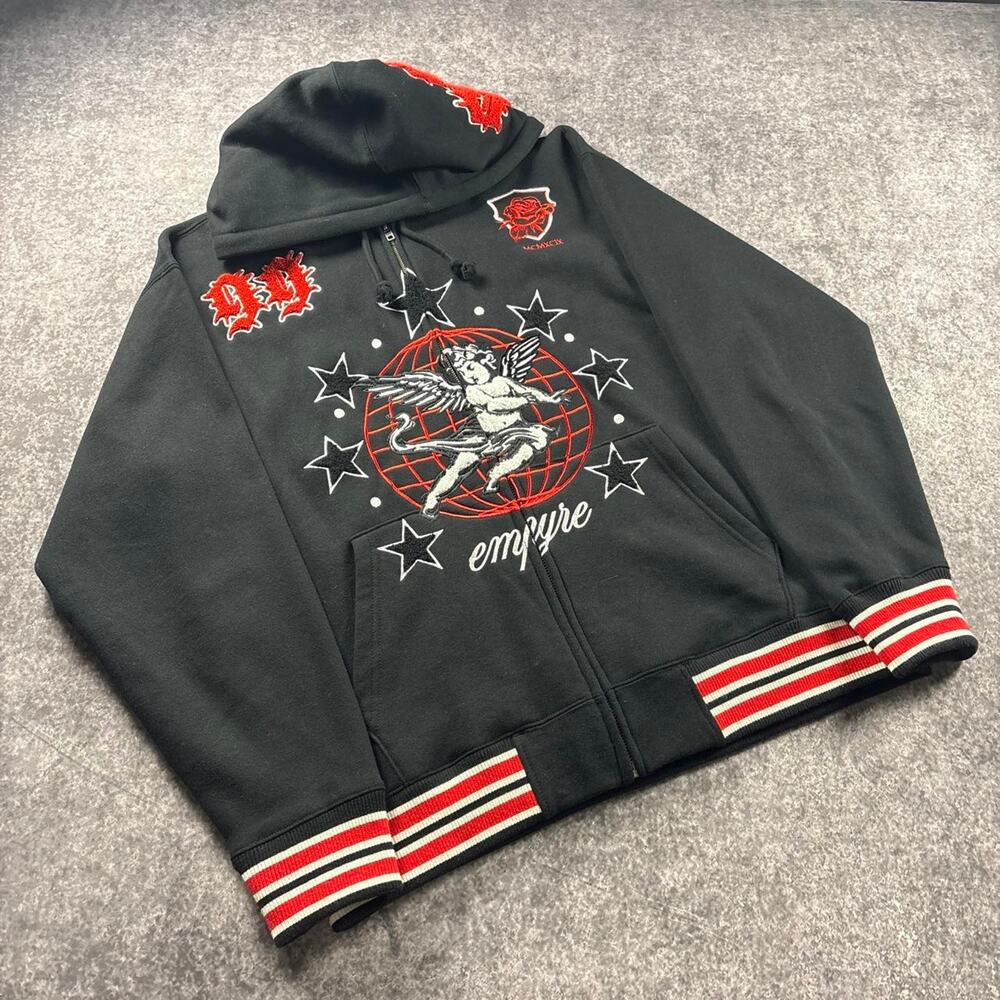 Empyre Big World Zip Hoodie Black Red Embroidered Chenille Cherub Men’s Large